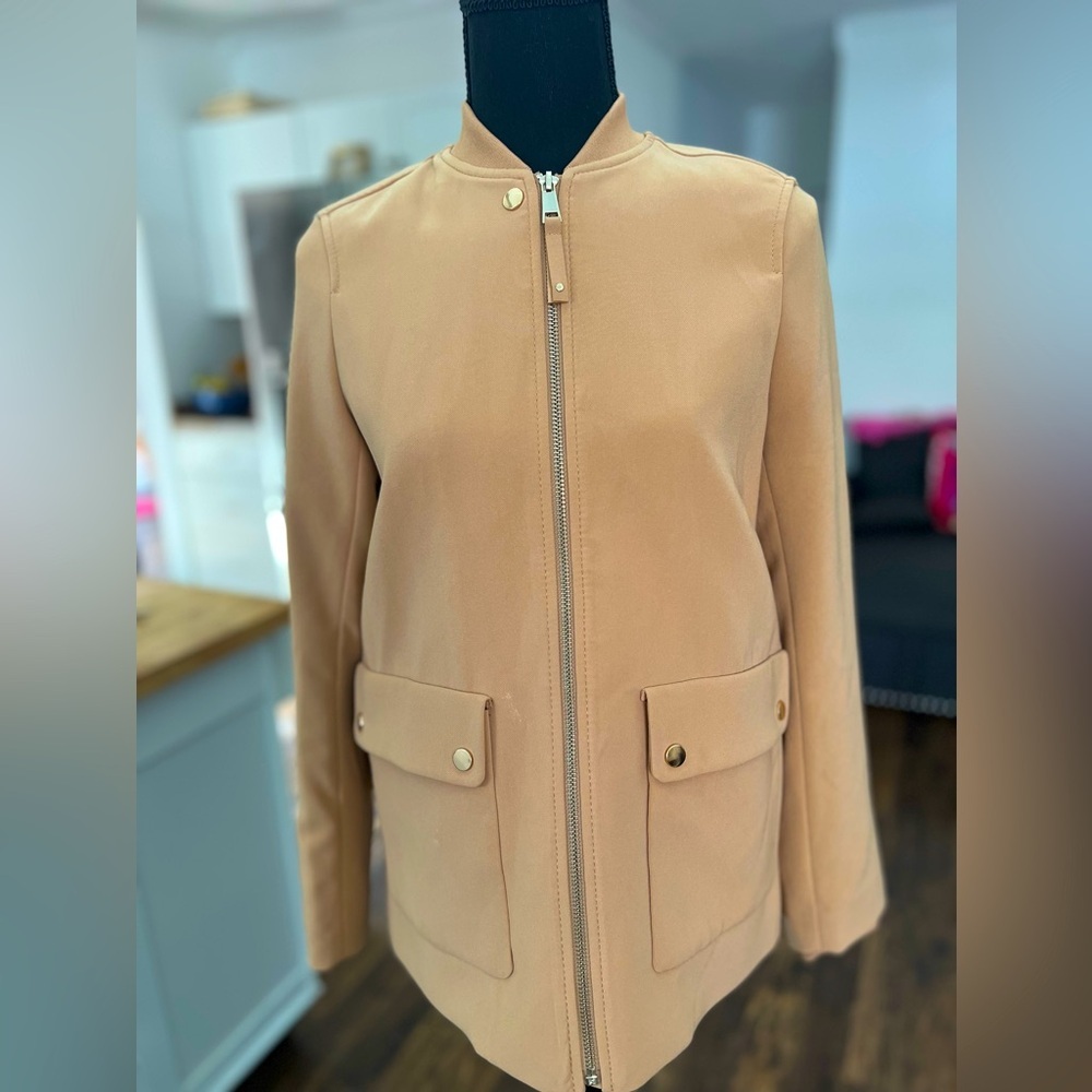 H&M‎ Jacket Salehm Tan Zippered Coat With Gold Button blazer jacket S size 4 - Picture 10 of 10